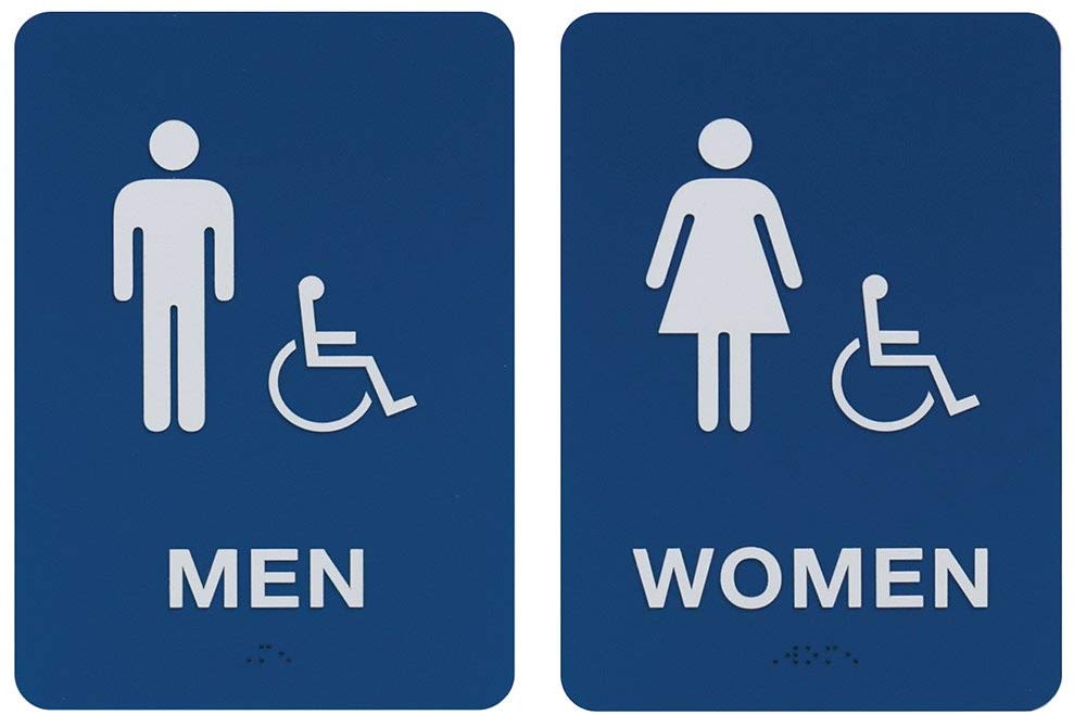 Men & Women\'s Handicap Restroom Sign Set w/ Braille (Blue)